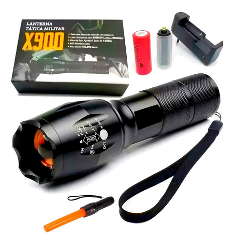 Lanterna Tática Militar X900 Recarregável Sinalizador Sos Led C/ Zoom Holofote Forte