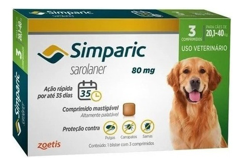 Simparic Cães 20 A 40 Kg 80 Mg Caixa 3 Comprimidos - Zoetis