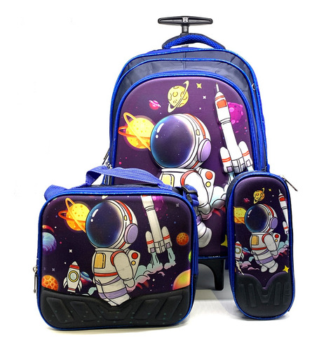 Kit Mochila Rodinha Infantil, Lancheira, Estojo Foguete 3d