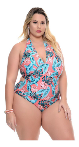 Maiô Plus Size Compressão Frontal Engana Mamãe Coral Tropica