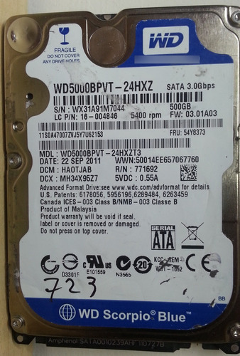 Western Digital Wd5000bpvt-24hxzt3 500gb - 723 Recuperodatos