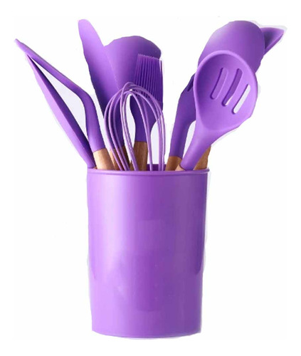 Kit Utensílios De Cozinha Silicone 12 Talheres Cabo Madeira