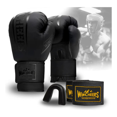 Wincheers Guantes De Boxeo Y Muay Thai 12oz Negro Para Mujer\u002Fhombre - Incluye Protector Bucal Mma, Ideal Para Entrenamiento, Máxima Absorción De Impactos | Meses sin interés