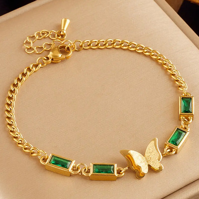 Pulsera De Mariposa Con Diamante Verde De Acero Inoxidable