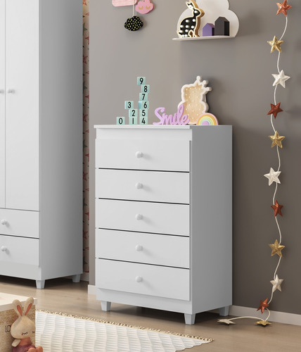 Cômoda Para Quarto Infantil 5 Gavetas Branco