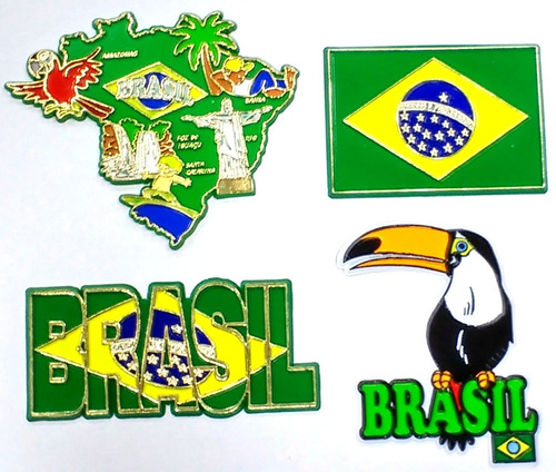 Kit 4 Imãs Geladeira Brasil Bandeiras Mapa Pássaros Souvenir