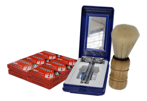 Kit X3 Estuche Máquina Clásica + 60 Cuchillas + Brocha Afeit