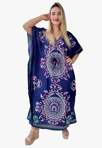 Vestido Kaftan Indiano Longo Estampado Plus Size - Cod. 1005