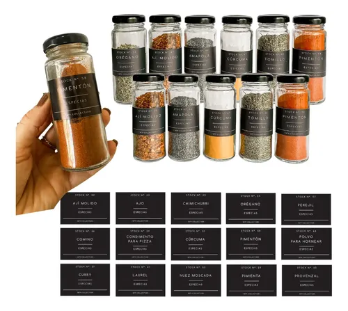 Set X 12 Especieros Vidrio Tapa Metal+15 Etiquetas De Regalo
