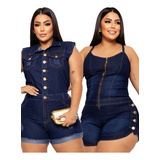 Kit 2 Macaquinho Plus Size Jeans Feminino Com Lycra Gg Ao G6