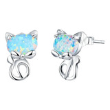 Aretes Mujer Plata 925 Pendientes Niña Gato Elegante Opalo 