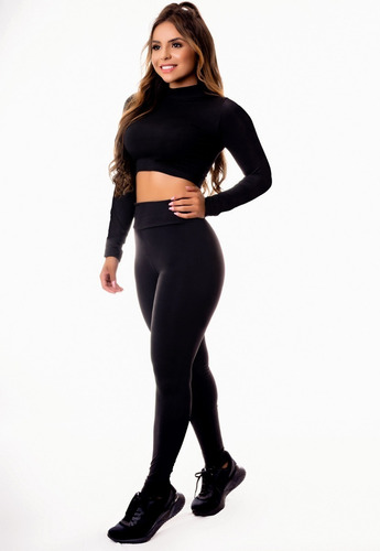 Conjunto Fitness Cropped Manga Longa E Calça Legging Preto