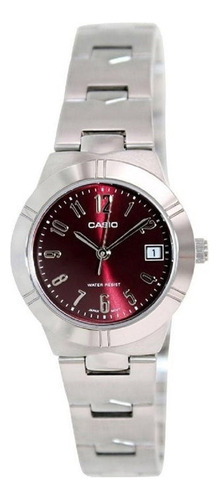 Reloj Casio De Dama Modelo Ltp 1241 Caratula Guinda Color De La Correa Plateado Color Del Bisel Plateado