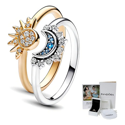 2pc Anillos Celestiales Apilables De Sol Y Luna Pandora Color Dorado+plateado Talla 8 | Envío gratis