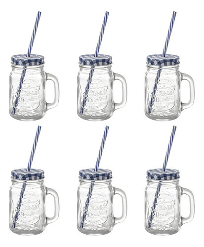 Set 6 Tarros Mason Jar Labrado Vidrio 480ml Tapa Y Popote Color Azul