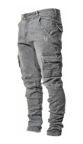 Jeans Flexibles De Bolsillo Múltiple De Moda Masculina