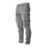 Jeans Flexibles De Bolsillo Múltiple De Moda Masculina