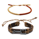 Pack 2 Pulsera Cuero Hombre Pulsera Mujer Brazalete Budista