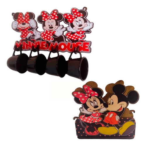 Kit Cozinha Organiza Minnie Porta Guardanapos + Xícaras Mdf 