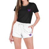 Conjunto Feminino Camiseta Algodão E Short Tactel Estampas