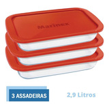 3 Assadeiras Travessas Vidro C Tampa 2,9l Retangular Marinex