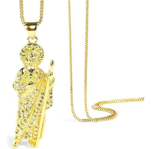 Medalla Collar San Judas Tadeo Dije Cadena Acero Inoxidable Color Oro Dorado Con Zirconia Colgante Religioso Católico Protección