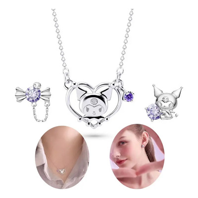 Collar Y Aretes Tm Kuromi Plata 925 Mujer 3 Piezas Diseño Elegante Regalos De San Valentín Regalo Del Día De La Madre Regalos Para Damas Blanco