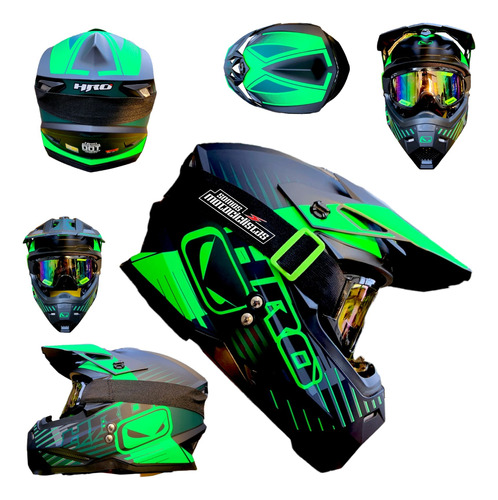 Casco Hro Cross Certificado Dot Verde Negro  Googles Gratis