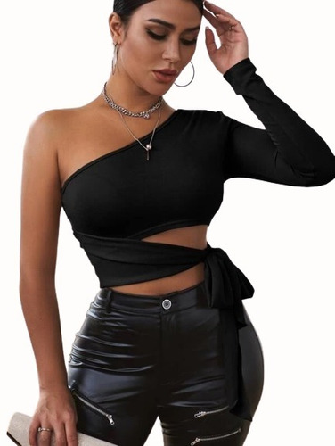 Blusa Crop Top Nudo Lateral De Un Hombro