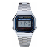 Reloj Pulsera Casio Youth Vintage A-168 De Cuerpo Color Plateado, Digital, Fondo Gris, Negro Y Azul, Con Correa De Acero Inoxidable Color Plateado, Dial Negro, Minutero/segundero Negro, Bisel Color Pl