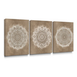 Cuadro Decorativo Floral De Boho Mandala Marrón Set 3 Pzs