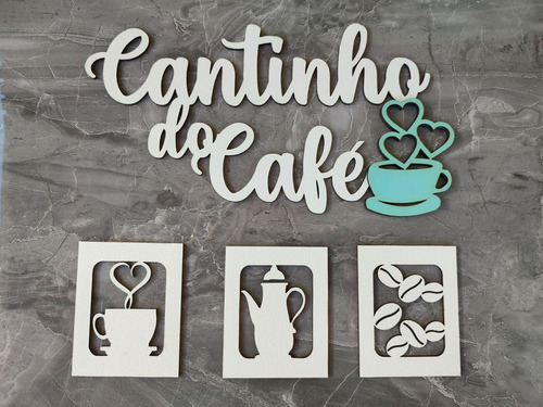 Placa Cantinho Do Café Mdf  Branco E Azul Tiffany 4 Peças