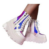 Zapatos Botas Blancas Plataforma Cuñas Suela Punk Para Dama