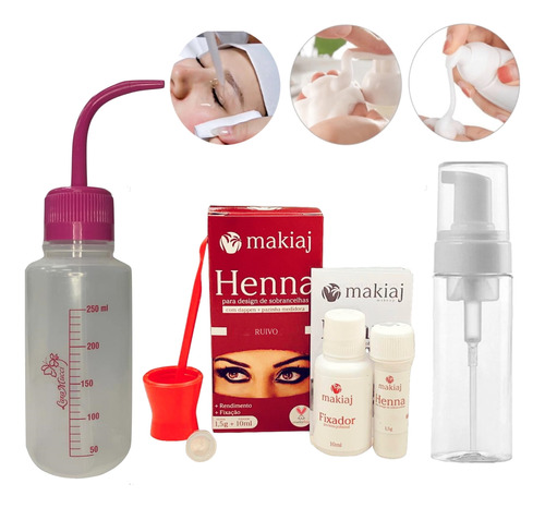 Kit Henna Makiaj Sobrancelha Pisseta Rosa E Pump Espumador