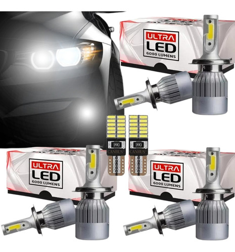 Kit 6 Lâmpada Ultra Led Farol E Milha Carro 6000lumens + T10