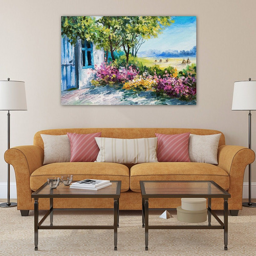 Casita Con Flores Tipo Oleo Cuadro Decorativo Lienzo Canvas