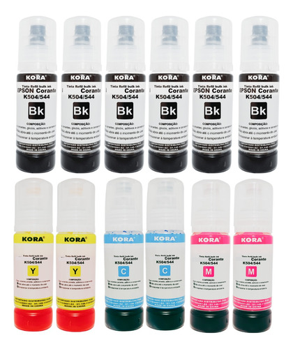 Kit 12 Refil Tinta Para Impressora Epson T544 L3150 L3250