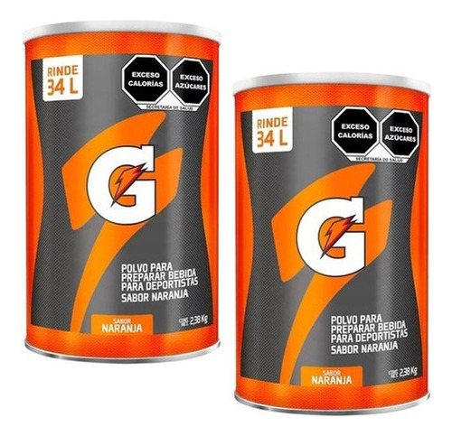 Gatorade En Polvo Sabor Naranja 2 Botes De 2.38kg. 68 Litros