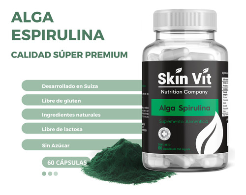 Alga Espirulina Skin Vit - Súper Premium De 60 Cápsulas Sabor Sin Sabor