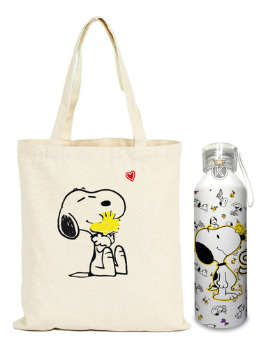 Tote Bag Bolsa Snoopy + Botella En Aluminio -estampaking