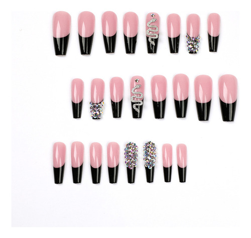 French Nude Pink Black Trimmed Glitter Style Uñas Ponibles