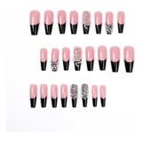 French Nude Pink Black Trimmed Glitter Style Uñas Ponibles