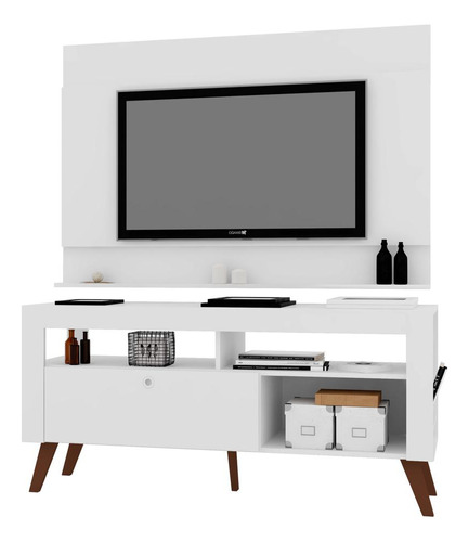 Rack Com Painel Retrô Tv 55 1 Gaveta Multimóveis Cr45196 Cor Branco