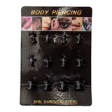 Display De Piercing Expansor Acero Anodizado Black Ch 12 Pcs Color Negro