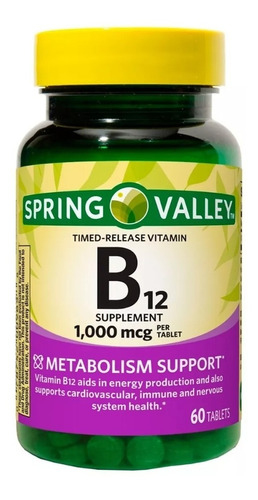 Vitamina B12 Ciacobalamina, Spring Valley 60 Tabs, Americano