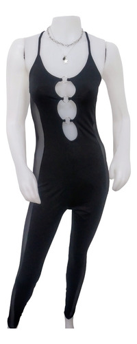 Catsuit Largo Musculosa En Negro Liso Con Argollas Corazón