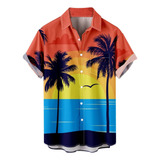 Camisa F De Manga Corta Con Solapa Y Estampado Hawaiano Para