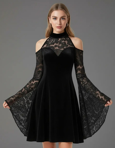 Vestido Terciopelo Con Encaje Manga Campana Gotico Elegante