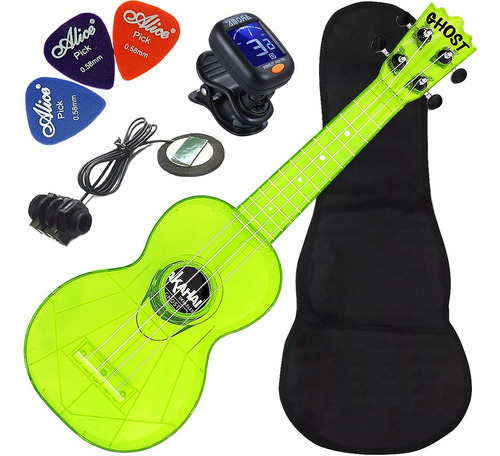 Kit Ukulele Akahai Ghost Soprano Elétrico Hawaii Lemon Trans