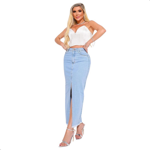 Saia Jeans Longa Midi Fenda Lateral Frontal Cintura Alta